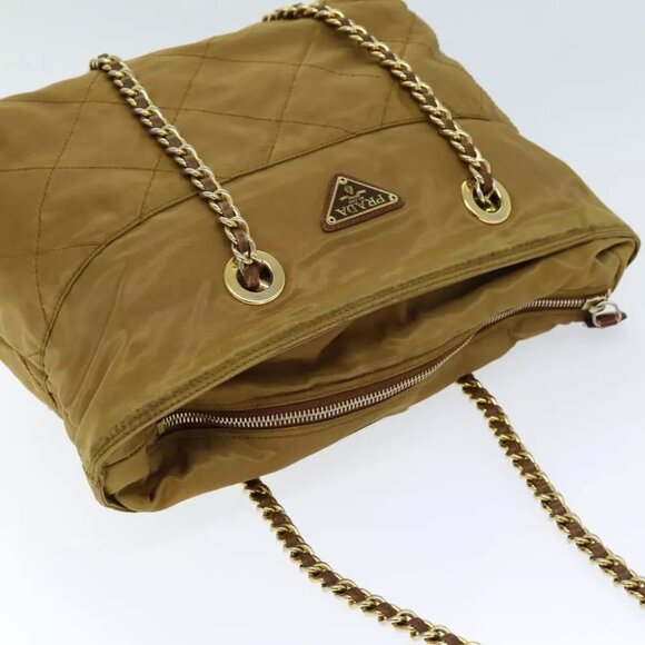 PRADA Quilted Chain Shoulder Bag Nylon Beige Auth ki4426 - Picture 3 of 16